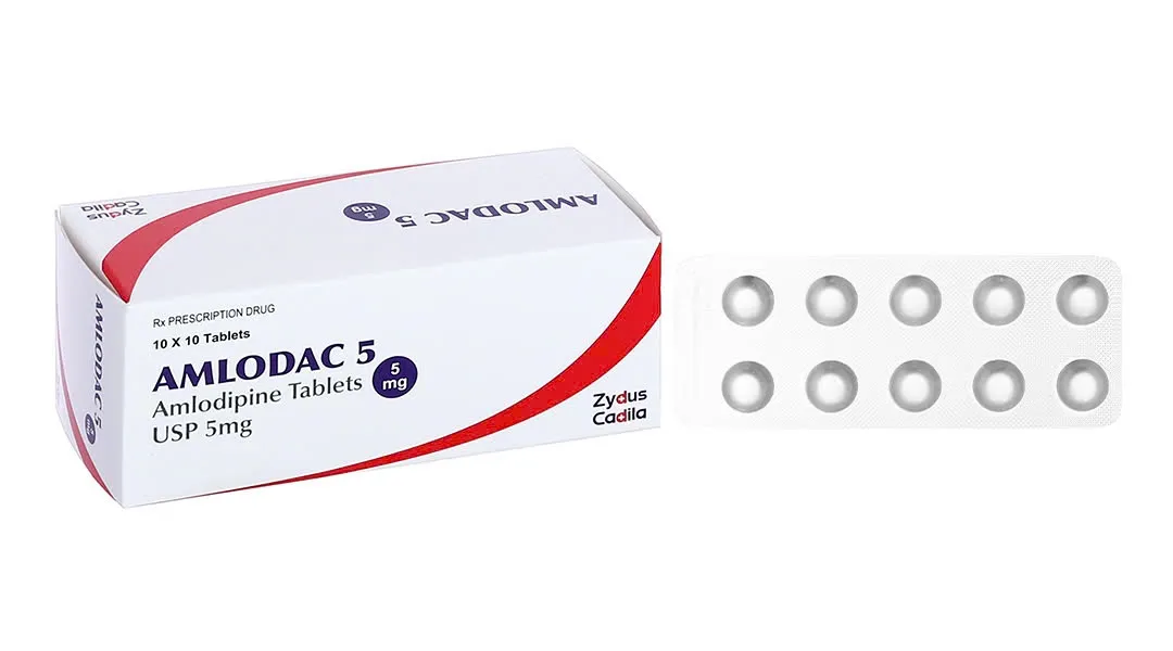 Amlodac 5mg Cadila (H/100v) - Thuốc điều trị tăng huyết áp, đau thắt ngực (10 vỉ x 10 viên)